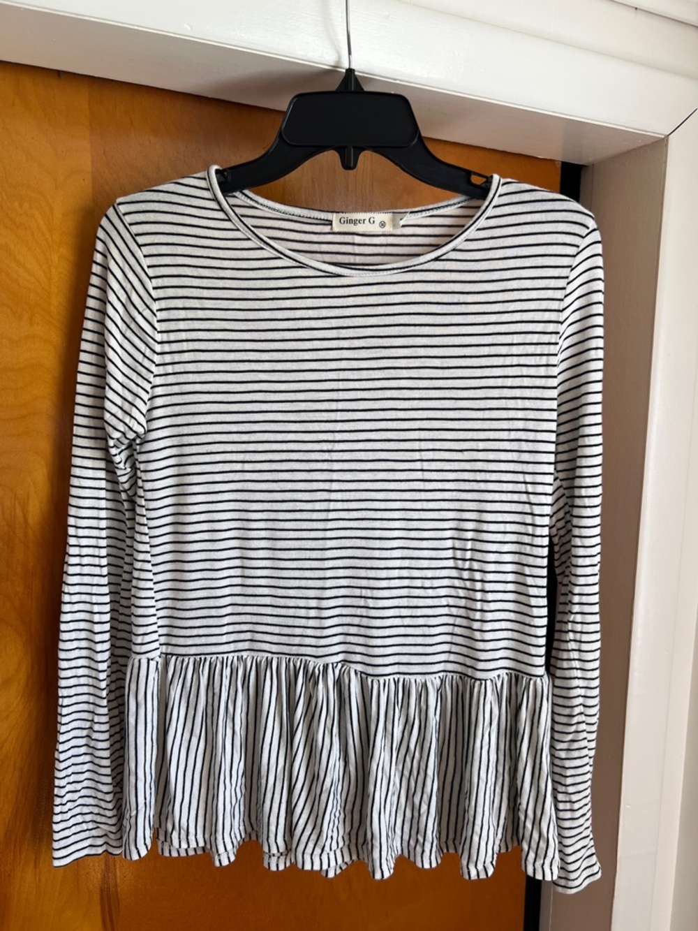 Ginger G Black and White Striped Peplum Long Sleeve Top